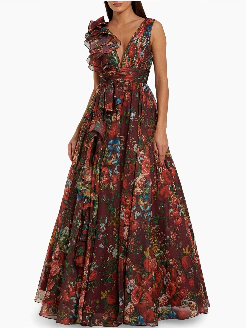 NWT Mac Duggal Wine Floral Ruffle V-Neck Chiffon Maxi Gown